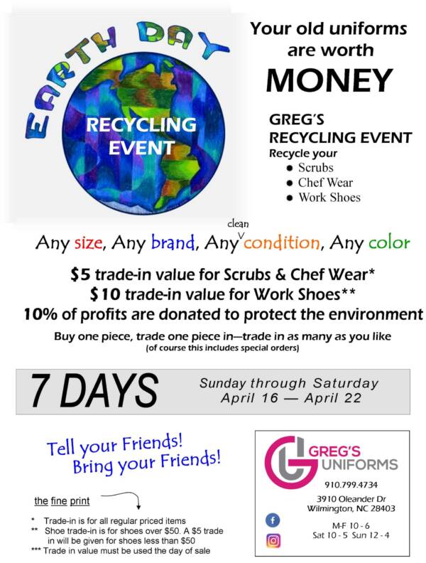 Greg's Famous Earth Day Recycling Event! Greg's Uniforms